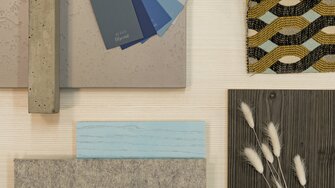De combinatie van materialen op het woodboard Nordic Blue straalt Scandinavische gezelligheid uit.