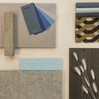 De combinatie van materialen op het woodboard Nordic Blue straalt Scandinavische gezelligheid uit.